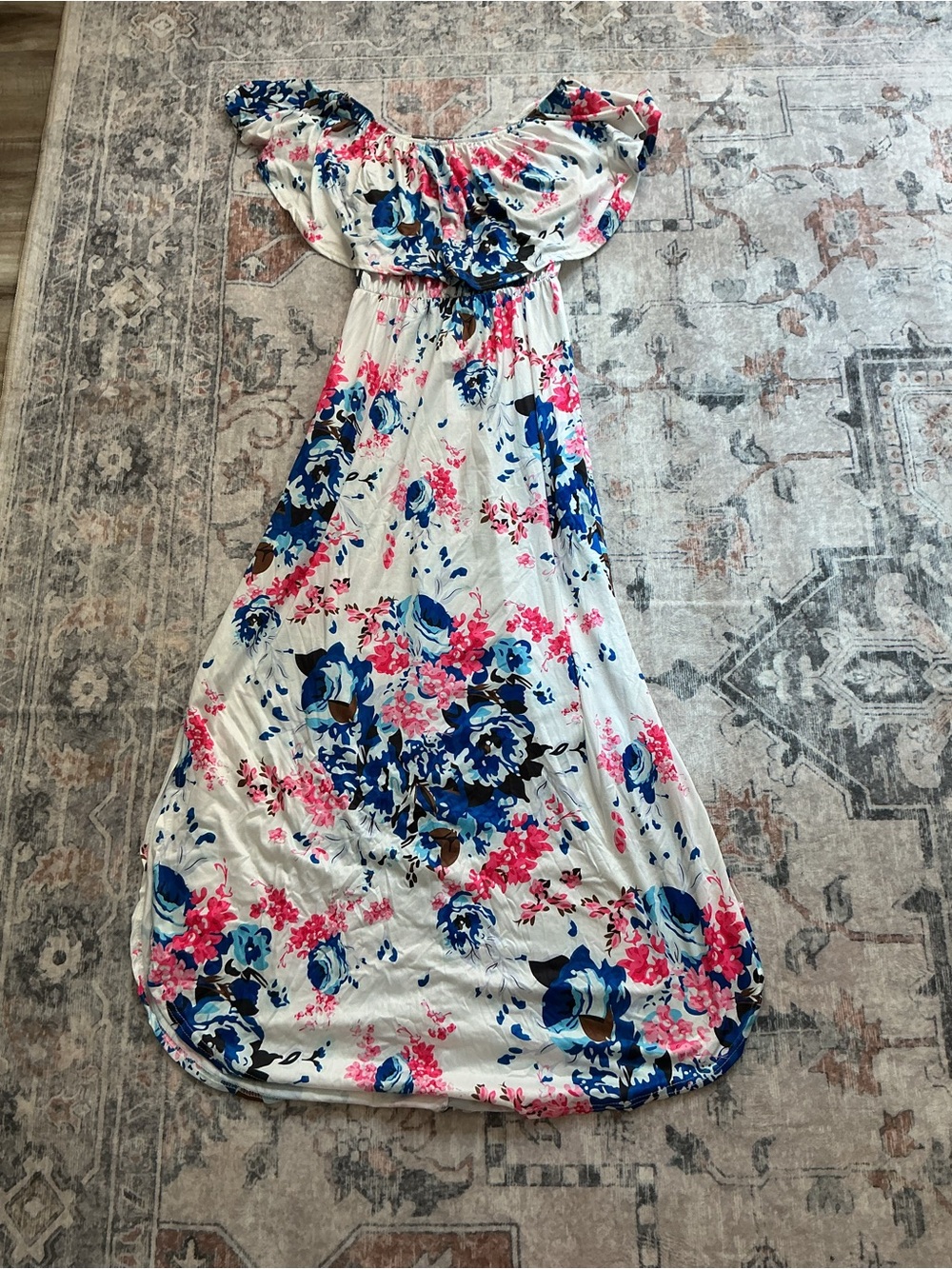 White Floral Off-Shoulder Maxi Dress with Blue & Pink Blooms
